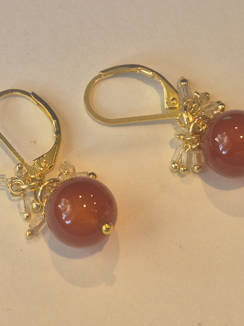 Gold Leverback Earrings with Red Carnelian Beads - Picture 4 of 5
